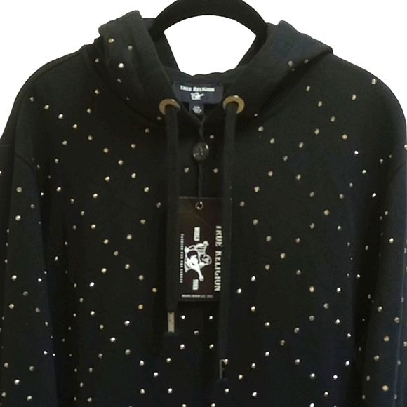 🆕 TRUE RELIGION BLACK HOODIE SWEATSHIRT WITH SILVER STUDS - Picture 3 of 10